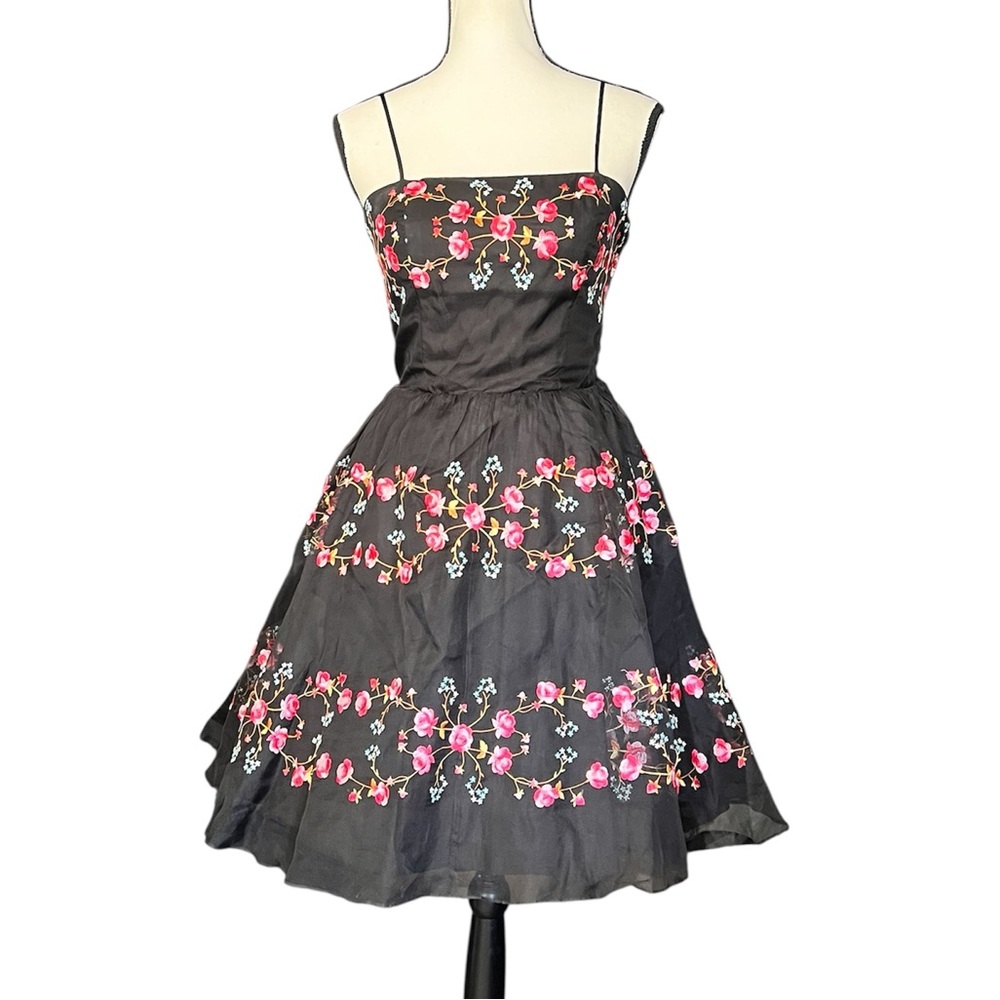 Vintage Betsey Johnson Silk Sheer Mesh Floral Embroider Party Dress